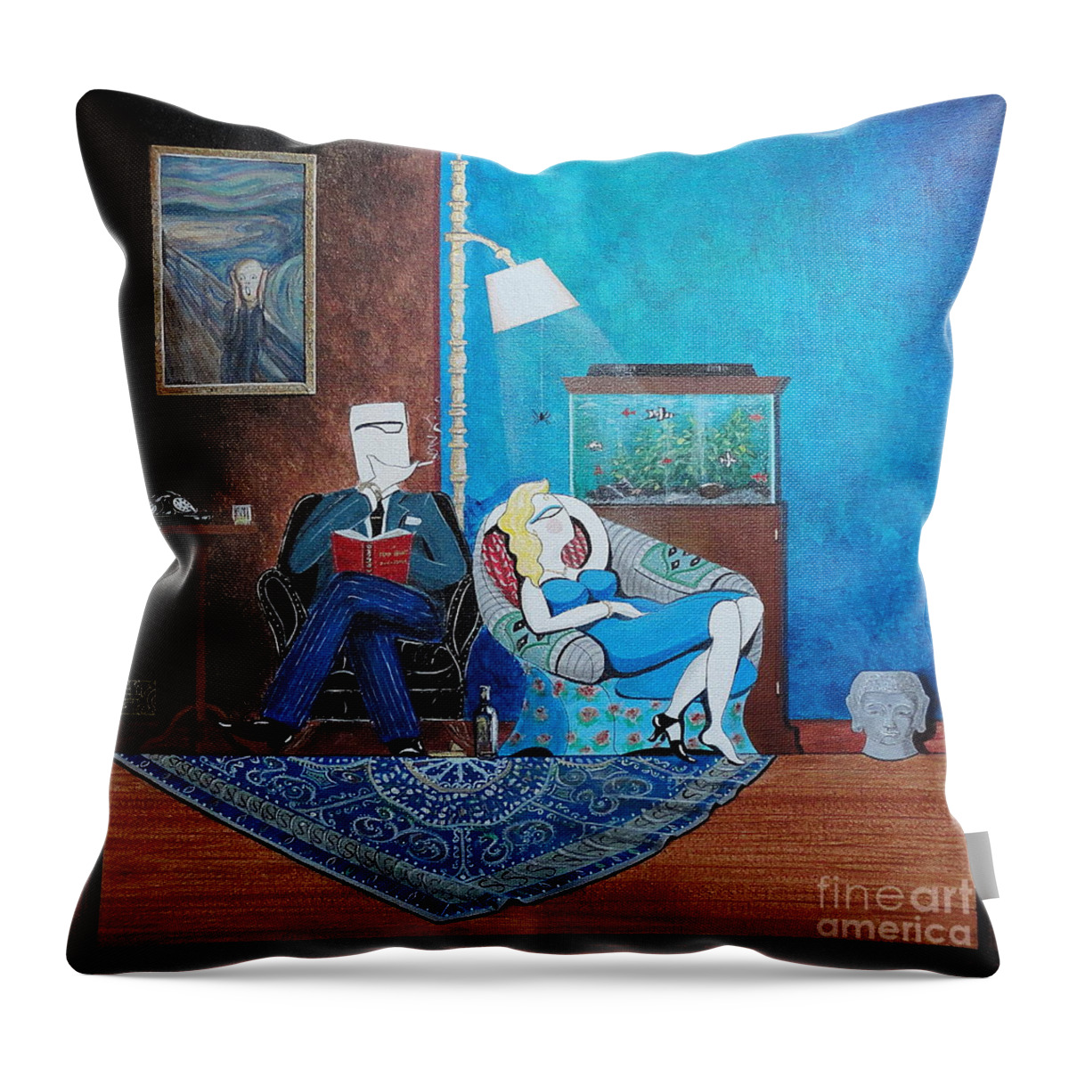 Johnlyes Throw Pillow featuring the painting Psychiatrist Sitting in Chair Studying Spider's Reaction by John Lyes