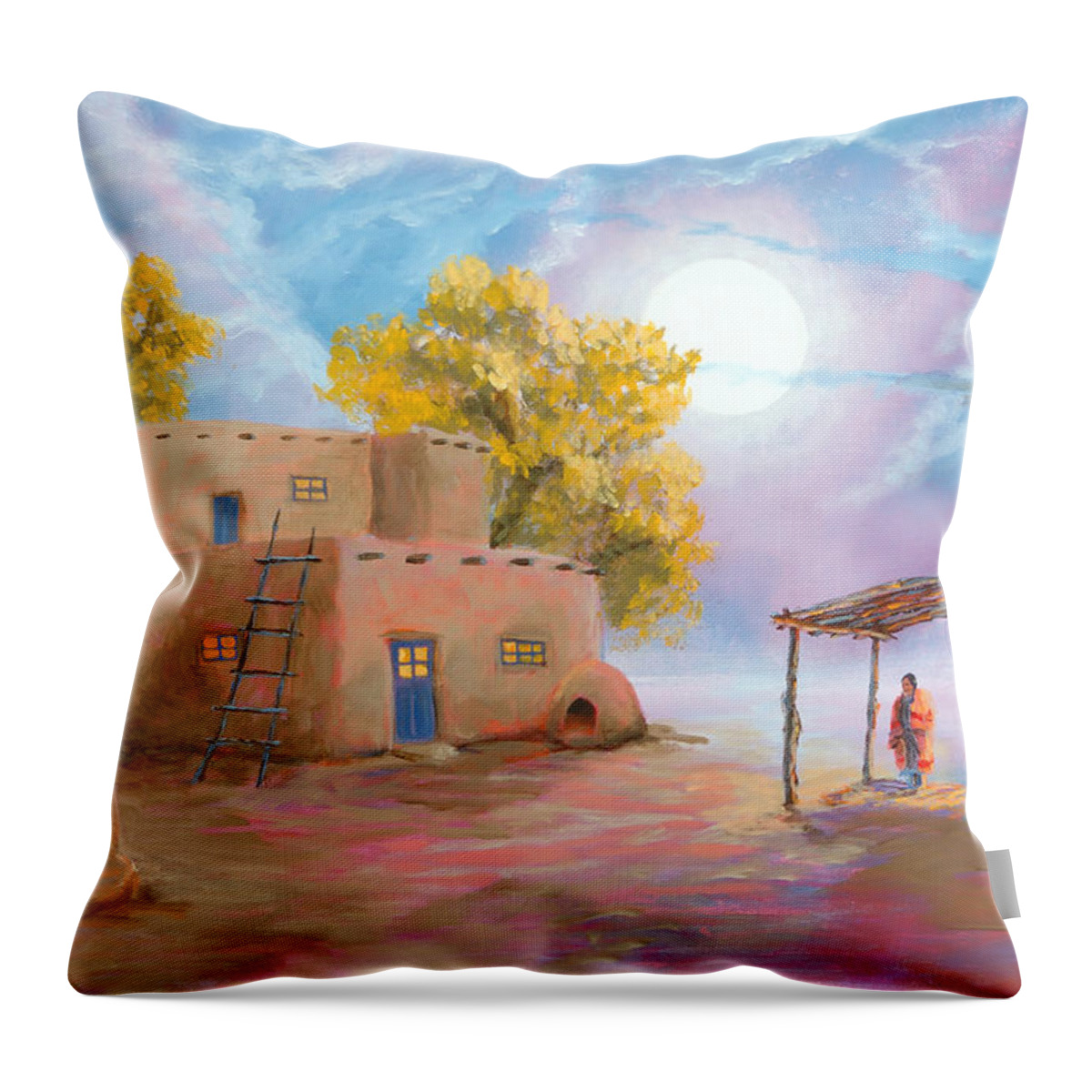 Pueblo Throw Pillow featuring the painting Pueblo de las Lunas by Jerry McElroy