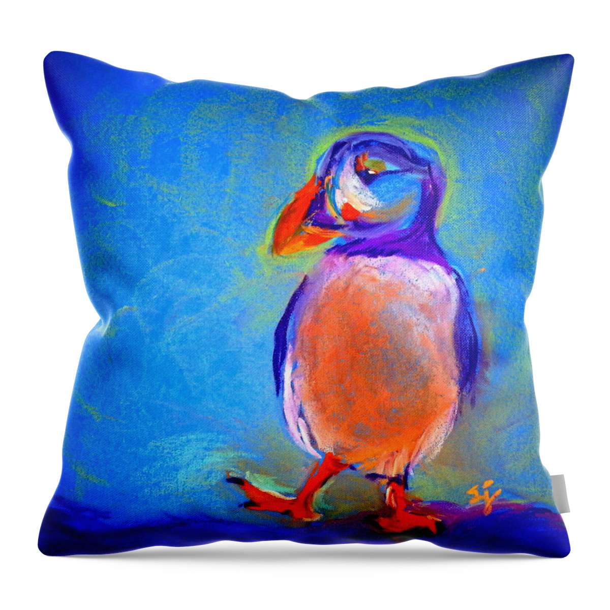 Puffin Throw Pillow featuring the painting Funky Puffin Dancing by Sue Jacobi