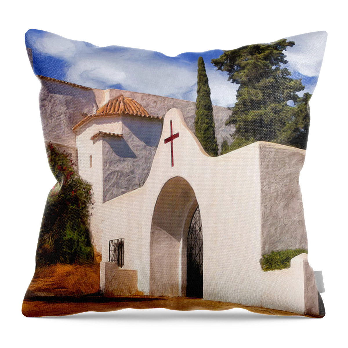 Puig De Missa Throw Pillow featuring the painting Puig de Missa Church Ibiza by Dominic Piperata