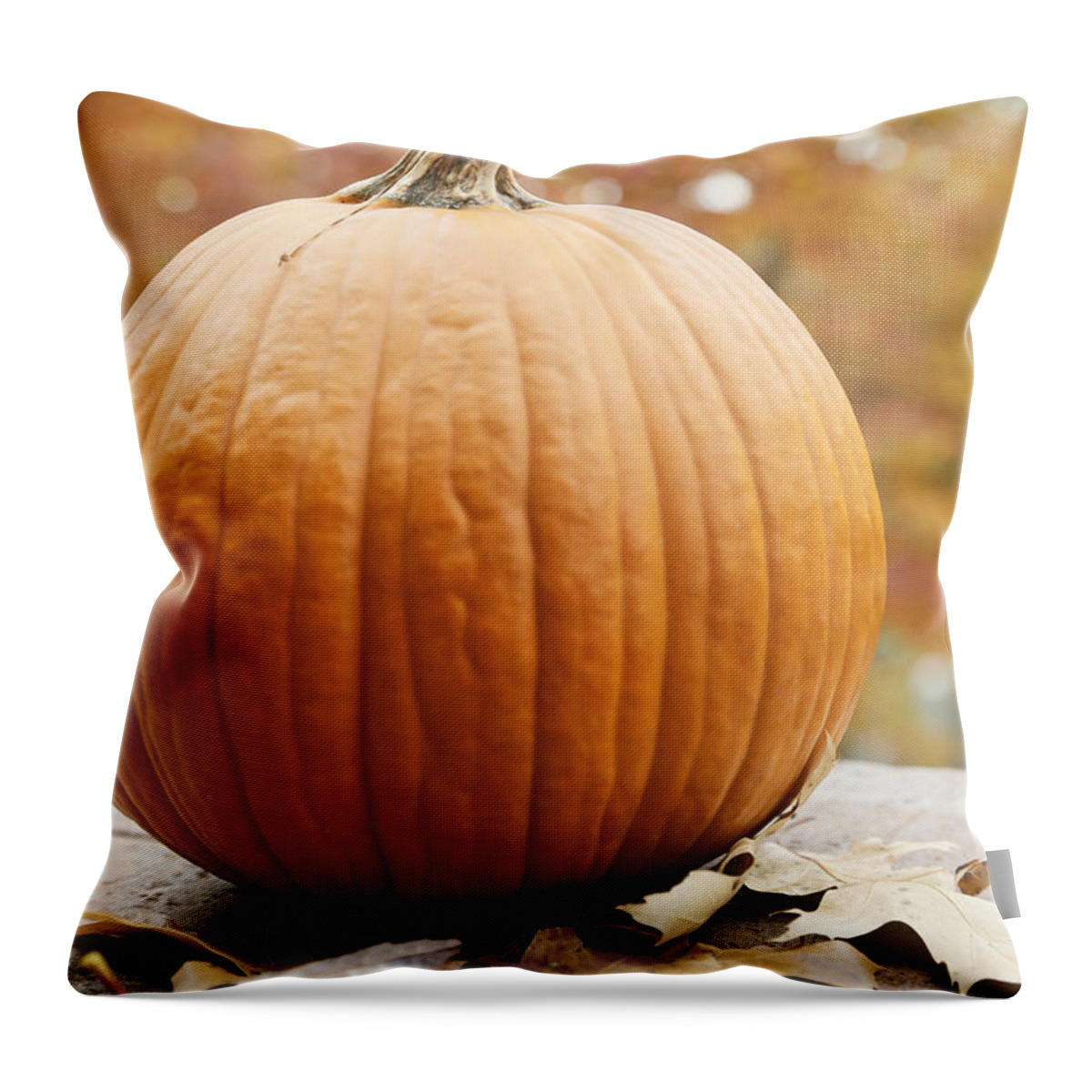 Background Throw Pillow featuring the photograph Pumpkin with leaves on wood by Sandra Cunningham