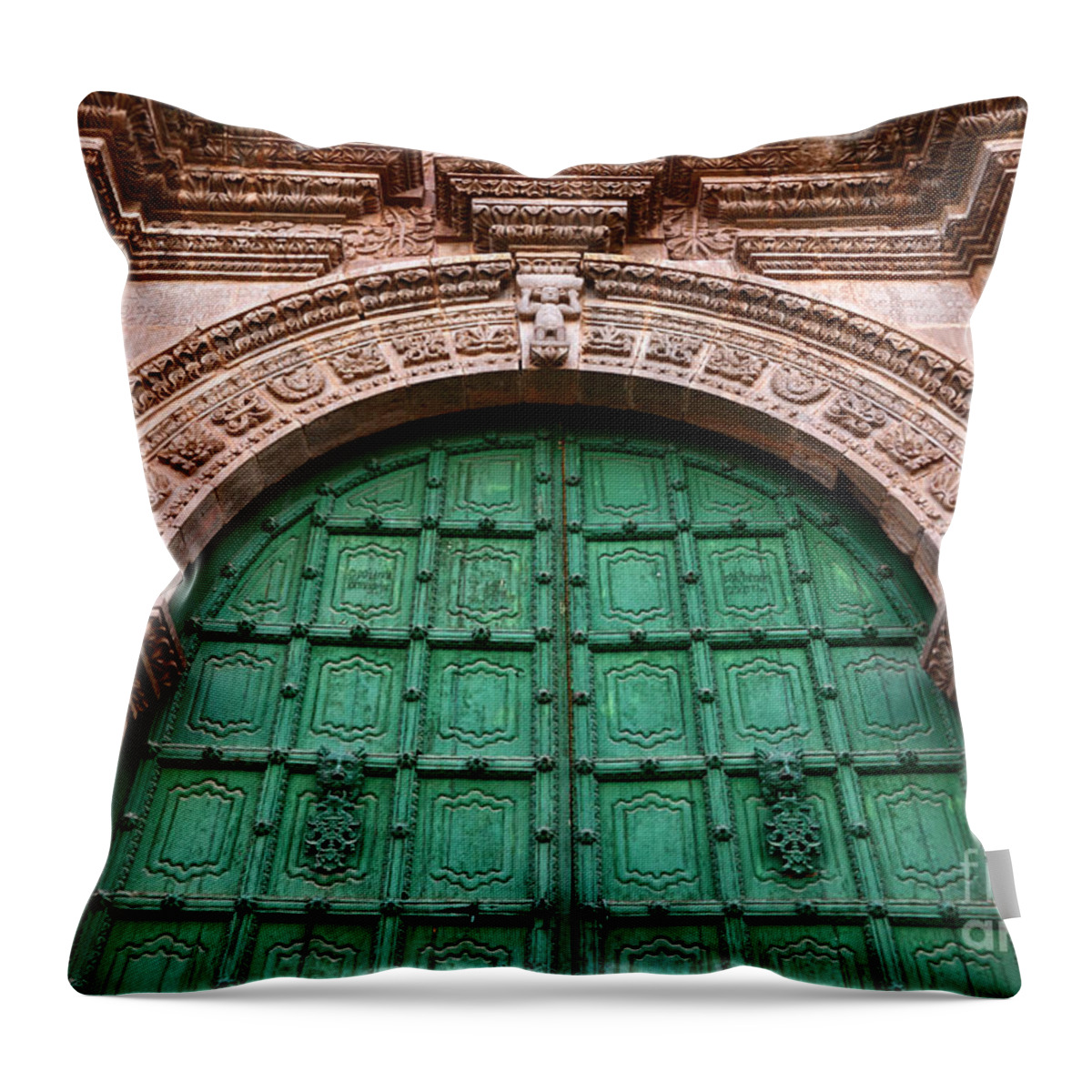 Peru Throw Pillow featuring the photograph Puno Cathedral Door 2 by James Brunker
