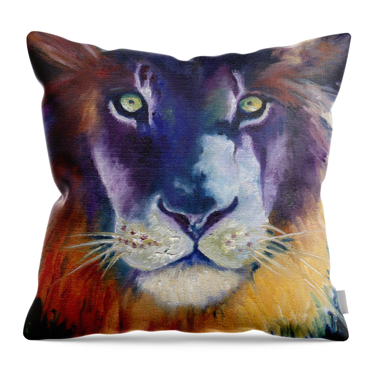 Lion Royalty Majestic King Purple Colorful Africa Leo Wildlife Animals Eyes Throw Pillow featuring the painting Purple Majesty by Brenda Salamone