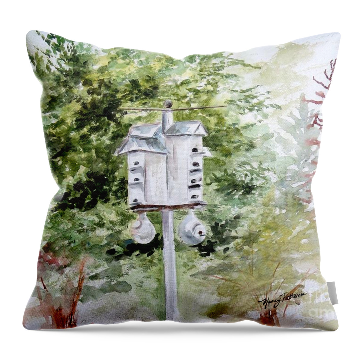 Purple Martin Bird House Throw Pillow featuring the painting Purple Martin Townhouse by Nancy Patterson