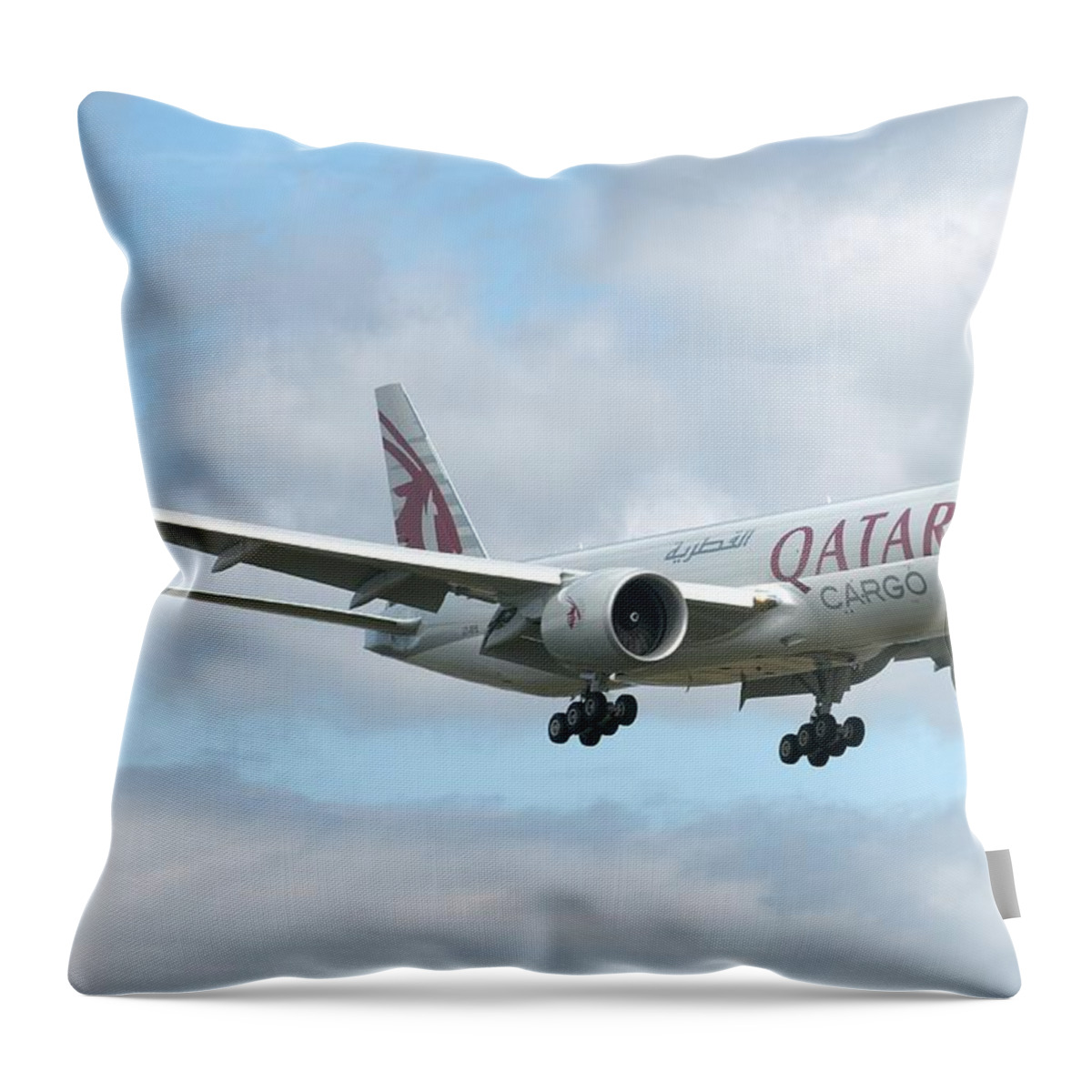 Boeing Throw Pillow featuring the photograph Qatar 777 by Jeff Cook