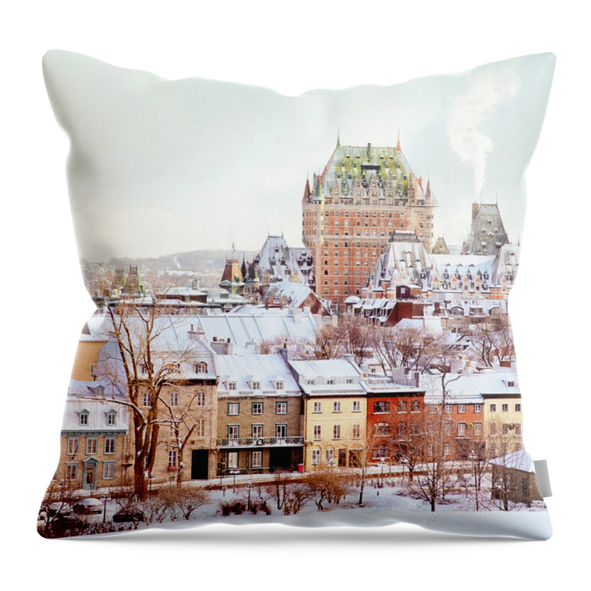 Snow Throw Pillow featuring the photograph Quebec City Winter Skyline With Chateau by Nicolasmccomber