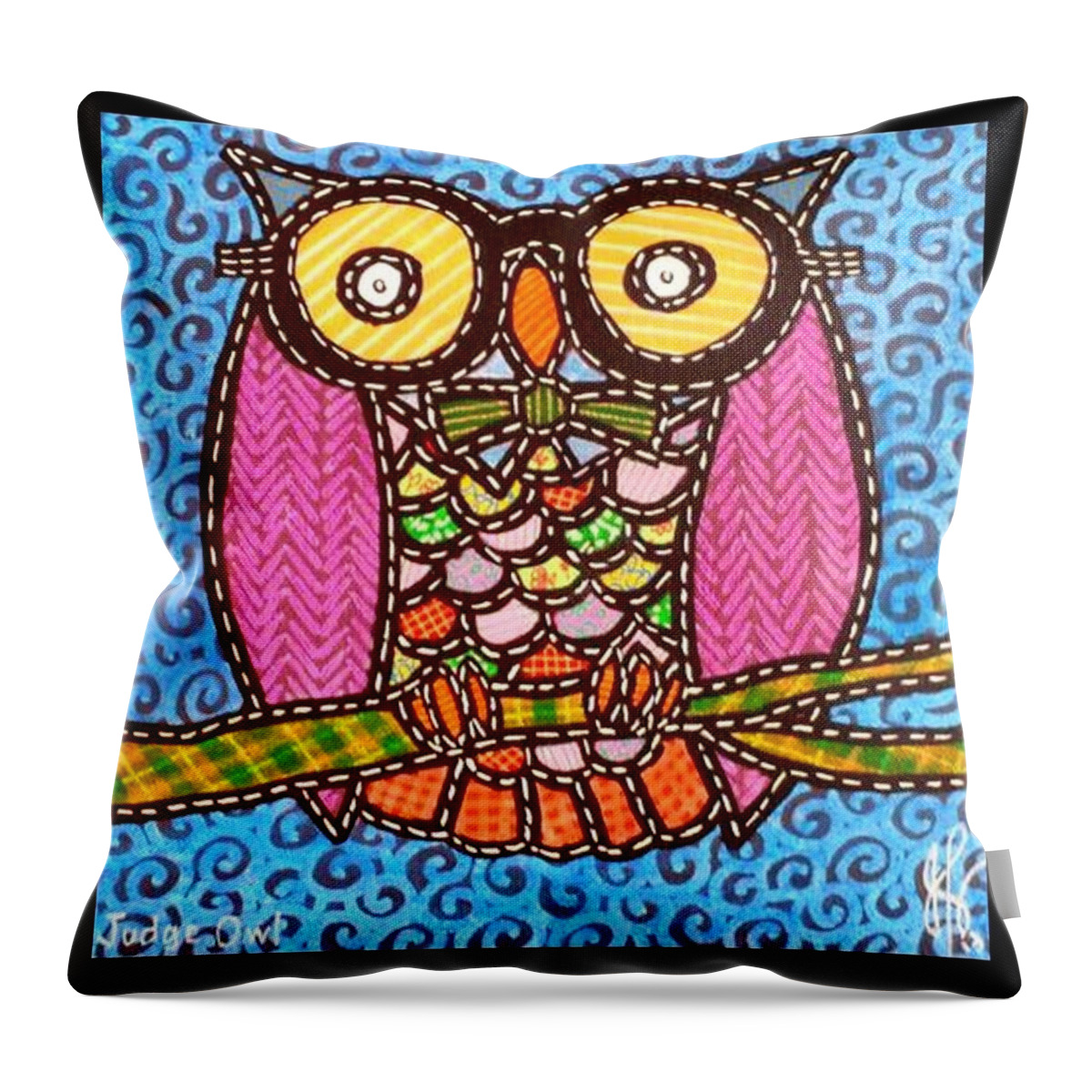 Owl Throw Pillow featuring the painting Quilted Judge Owl by Jim Harris