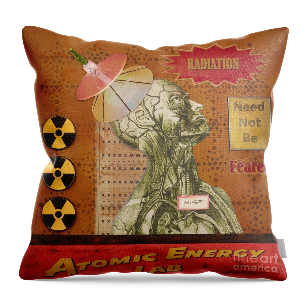 Assemblage Throw Pillow featuring the mixed media Radiation Need Not Be Feared by Desiree Paquette