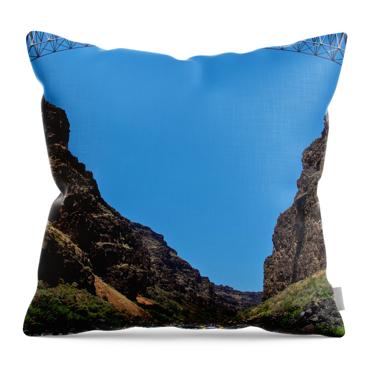 Rafting Throw Pillow featuring the photograph Rafting Under the Gorge Bridge by Britt Runyon