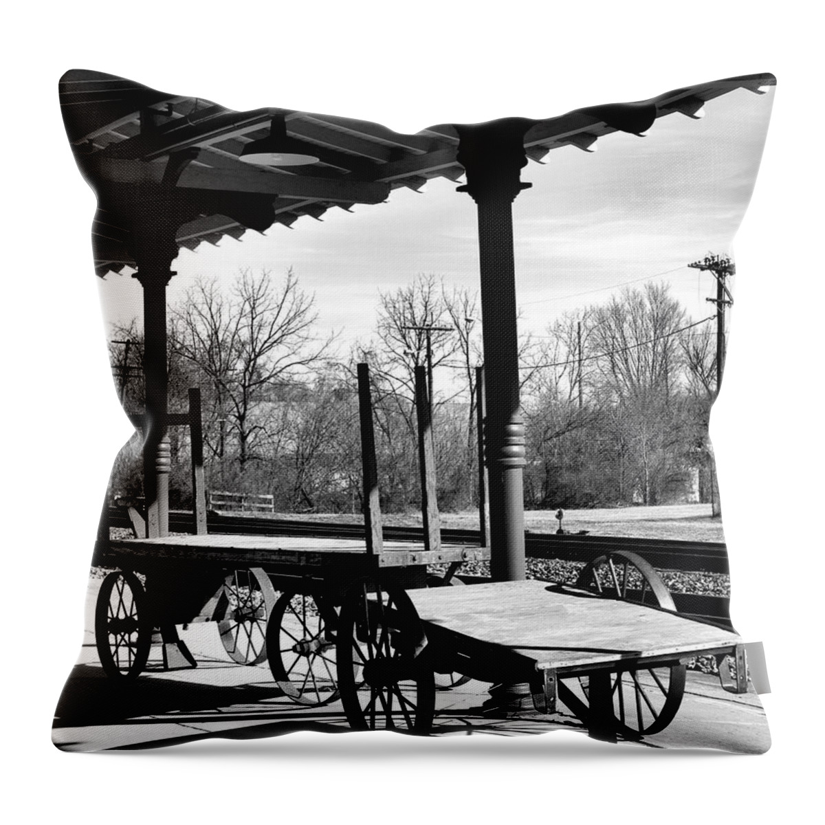 Bristol Throw Pillow featuring the photograph Railroad wagons in black and white by Denise Beverly