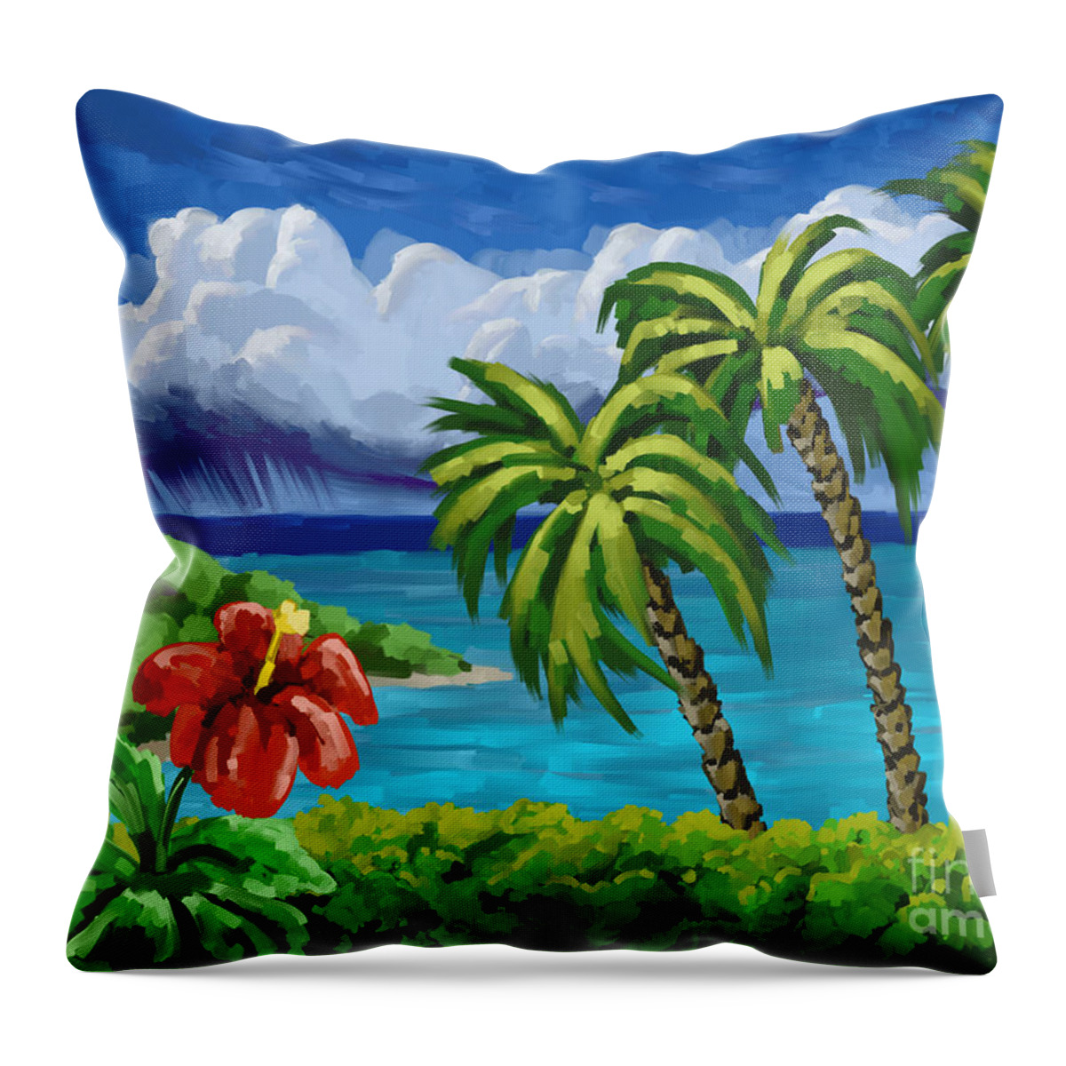 Rain Throw Pillow featuring the painting Rain In The Islands by Tim Gilliland