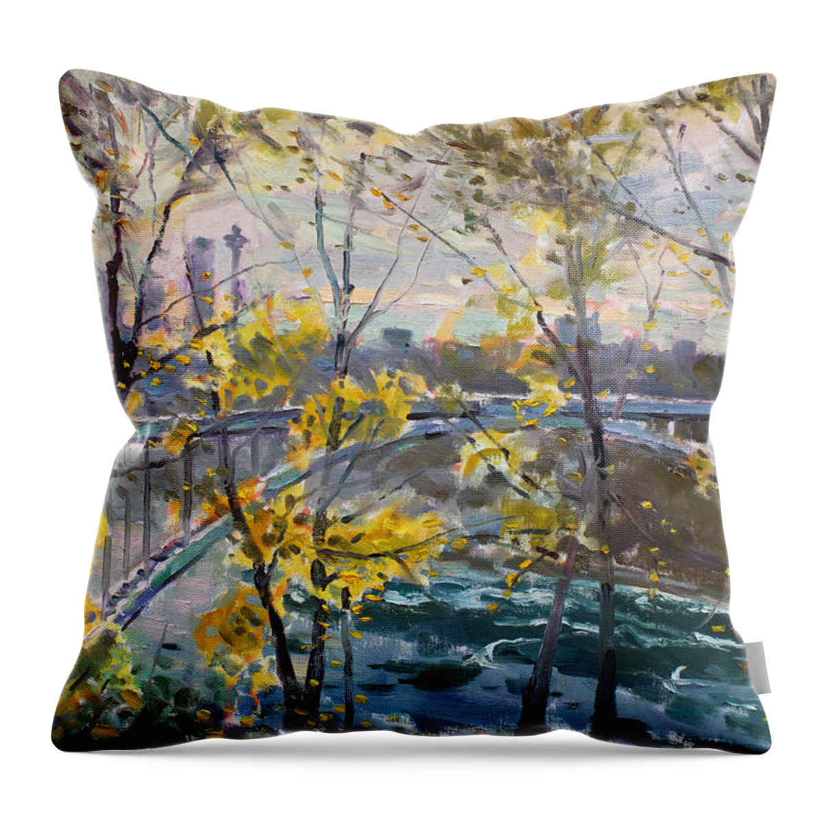 Rainbow Bridge Throw Pillow featuring the painting Rainbow Bridge by Ylli Haruni