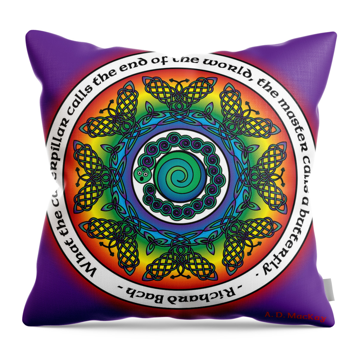 Rainbow Throw Pillow featuring the digital art Rainbow Celtic Butterfly Mandala by Celtic Artist Angela Dawn MacKay