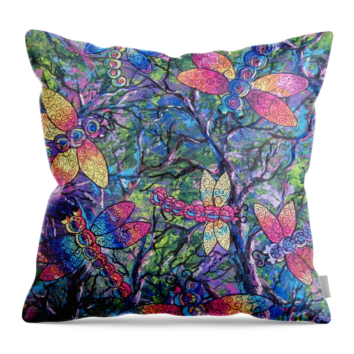 Dragon Flies Throw Pillow featuring the painting Rainbow dragons by Megan Walsh