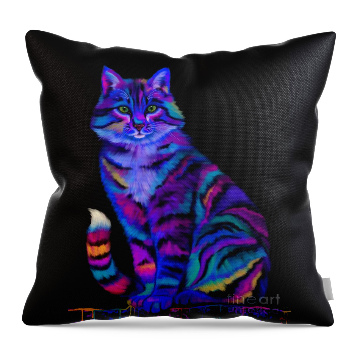Art Throw Pillow featuring the painting Rainbow Painted Tiger Cat by Nick Gustafson