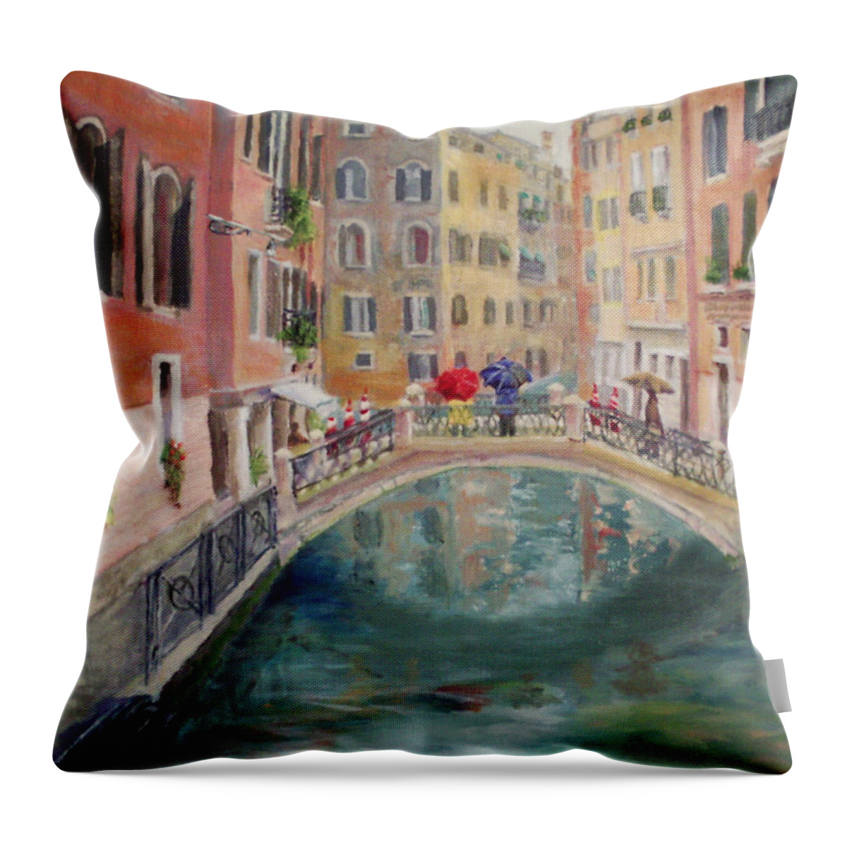 Painting Of Venice Canal Throw Pillow featuring the painting Rainy Day in Venice by Harriett Masterson