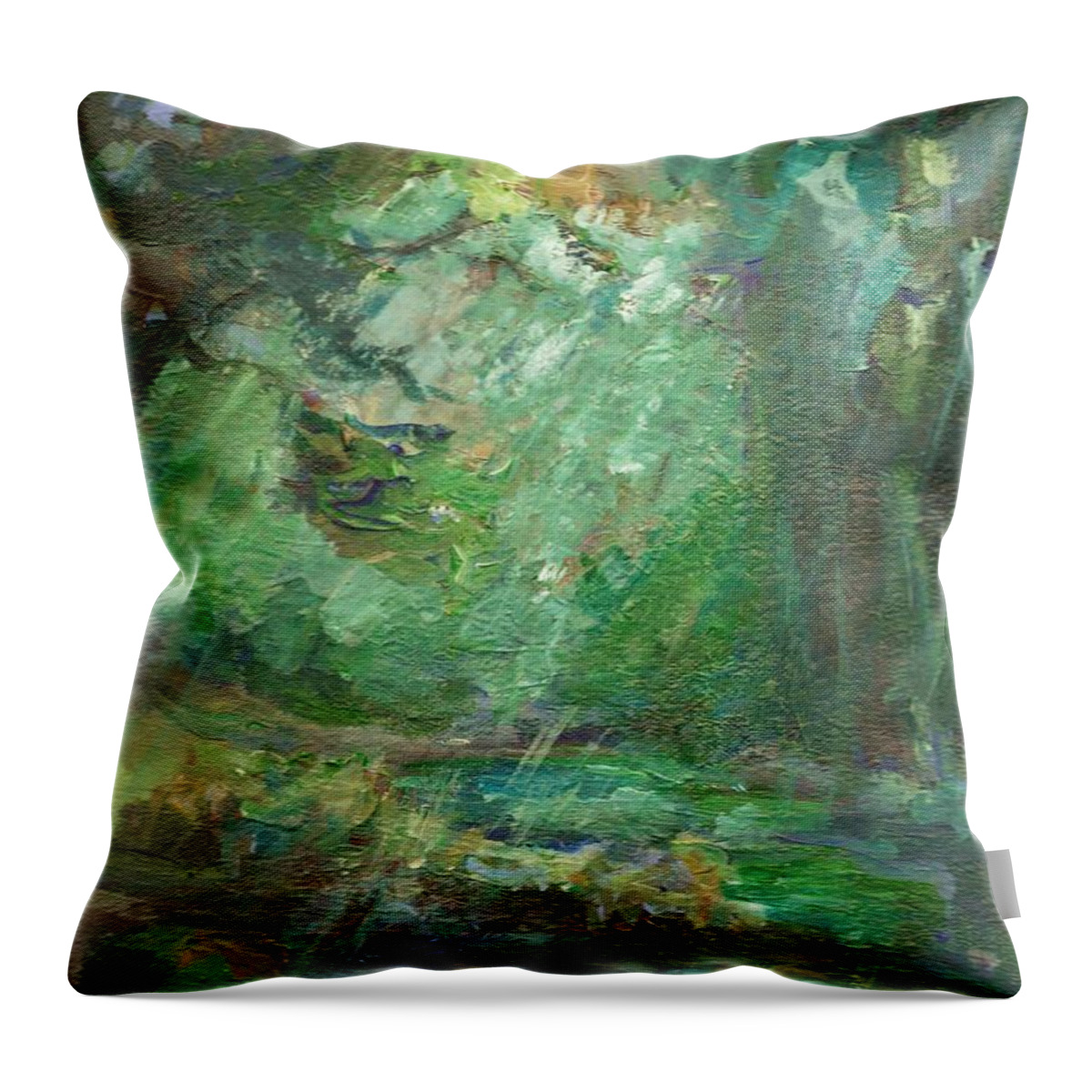 Landscape Throw Pillow featuring the painting Rainy Woods by Mary Wolf