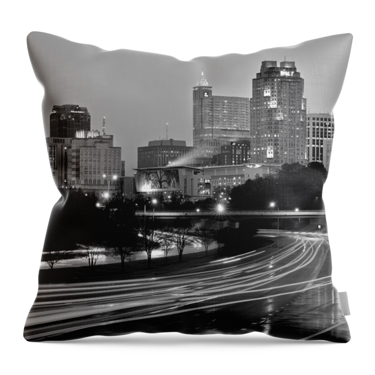 Raleigh Skyline Throw Pillow featuring the photograph Raleigh Skyline at Dusk Evening Black and White BW Evening Panorama North Carolina NC by Jon Holiday