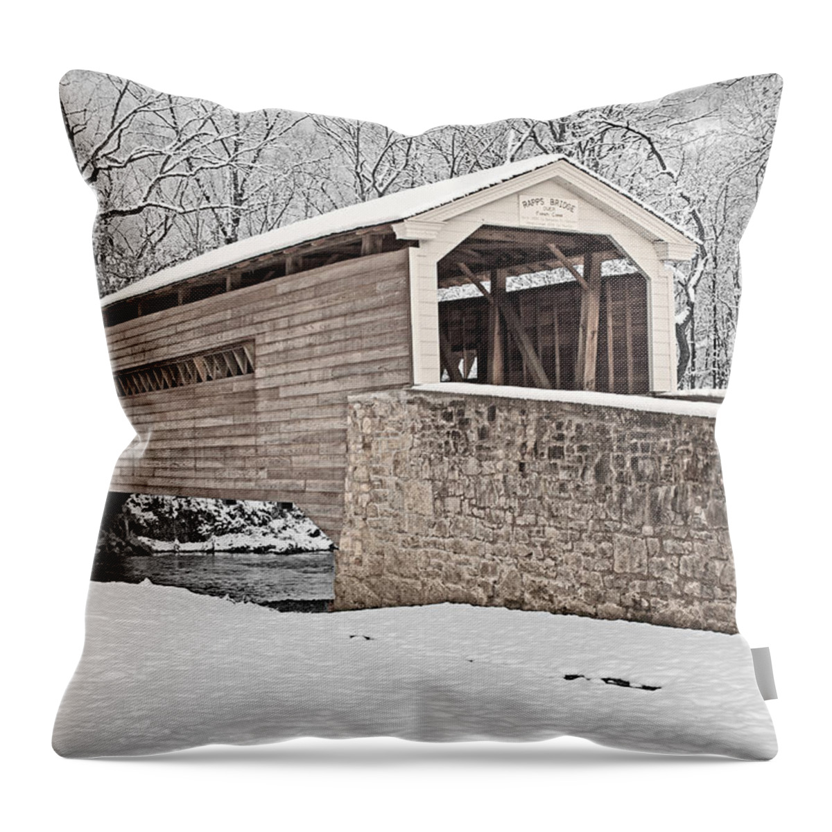 Black And White Throw Pillow featuring the photograph Rapps Bridge in Winter by Michael Porchik
