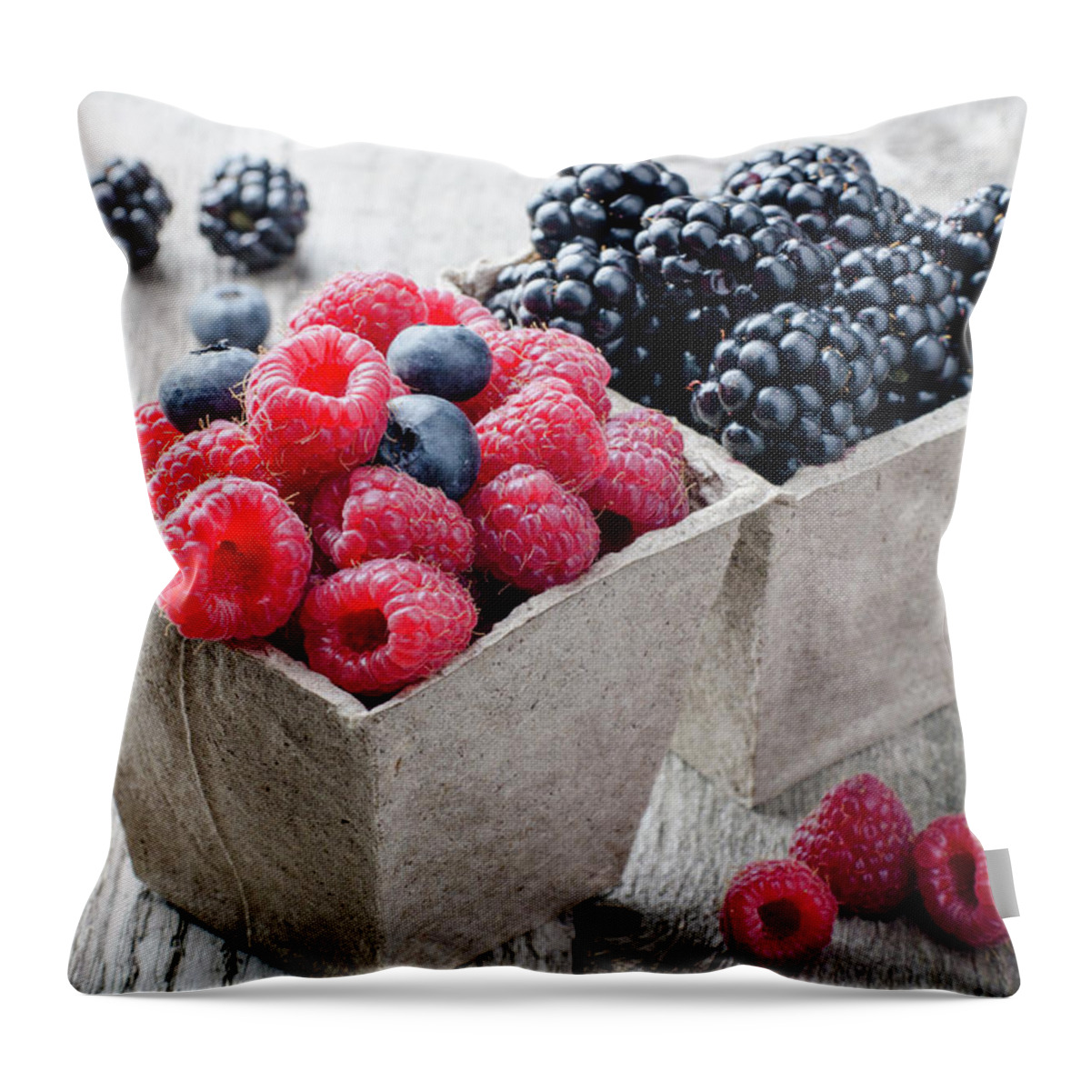 Black Color Throw Pillow featuring the photograph Raspberries And Blackberries In Boxes by Olena Gorbenko Delicious Food
