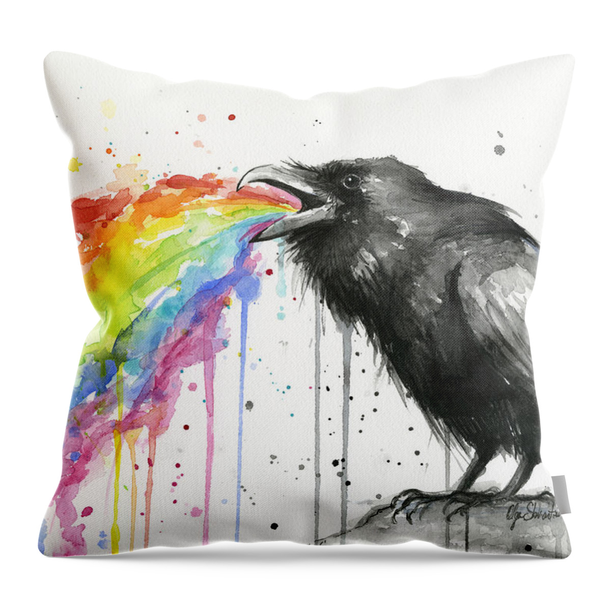 Raven Throw Pillow featuring the painting Raven Tastes the Rainbow by Olga Shvartsur