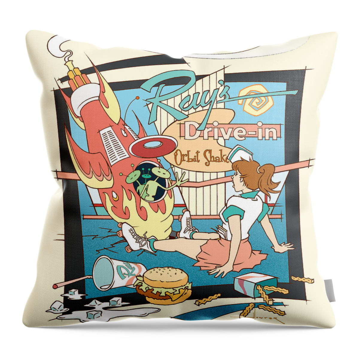 Mid Century Throw Pillow featuring the drawing Ray's Drive-in - brunette by Larry Hunter