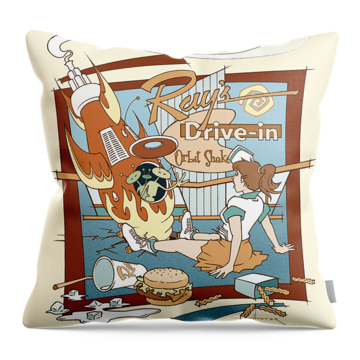 Mid Century Throw Pillow featuring the drawing Ray's Drive-in - brunette sepia by Larry Hunter