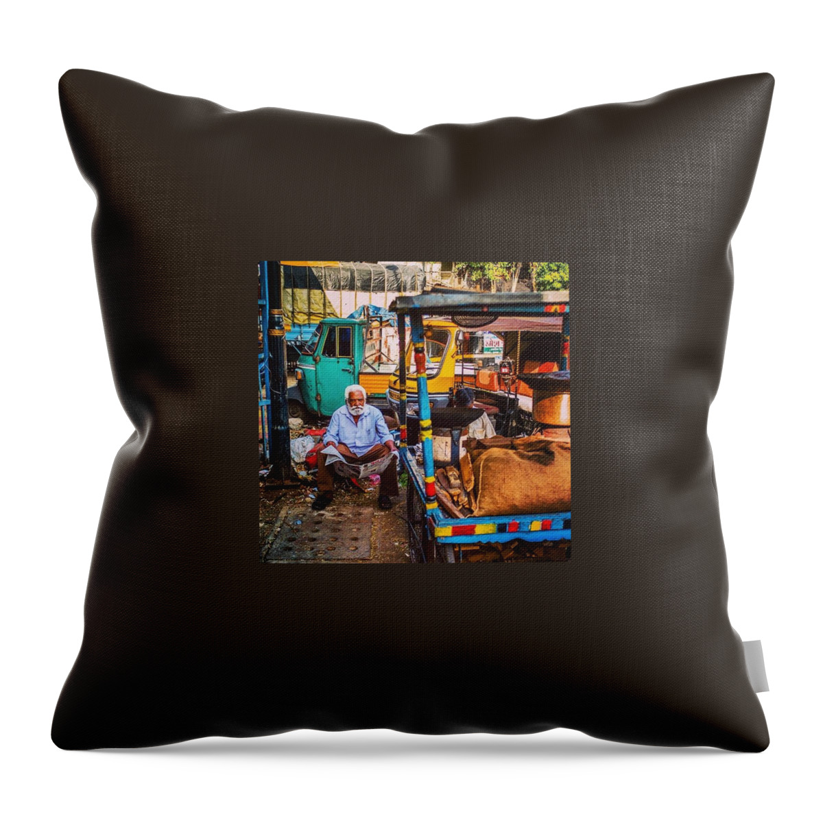 Sitting Throw Pillow featuring the photograph Reading The Paper In The Morning by Aleck Cartwright
