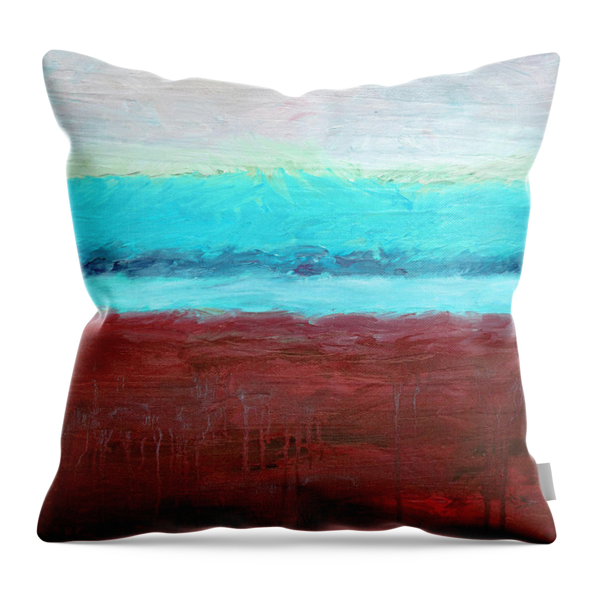 Abstract Throw Pillow featuring the painting Red and Aqua get Married by Michelle Calkins