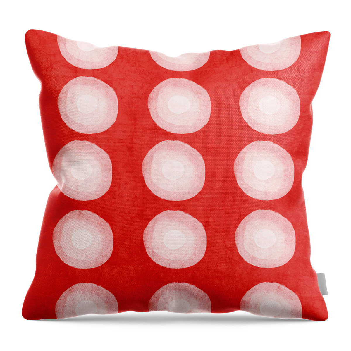 Shibori Dye Circles Pattern Shibori Look Red White Texture Pillow Abstract Art Pop Art Geometric Bedroom Art Kitchen Art Living Room Art Gallery Wall Art Art For Interior Designers Hospitality Art Set Design Wedding Gift Art By Linda Woods Throw Pillow featuring the painting Red and White Shibori Circles by Linda Woods