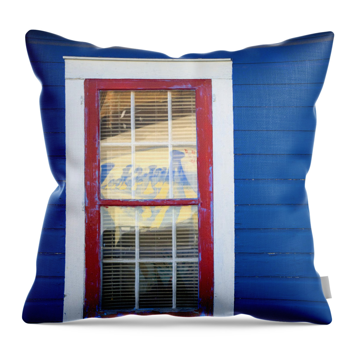 Window Throw Pillow featuring the photograph Red and White Window in Blue Wall by Lynn Hansen