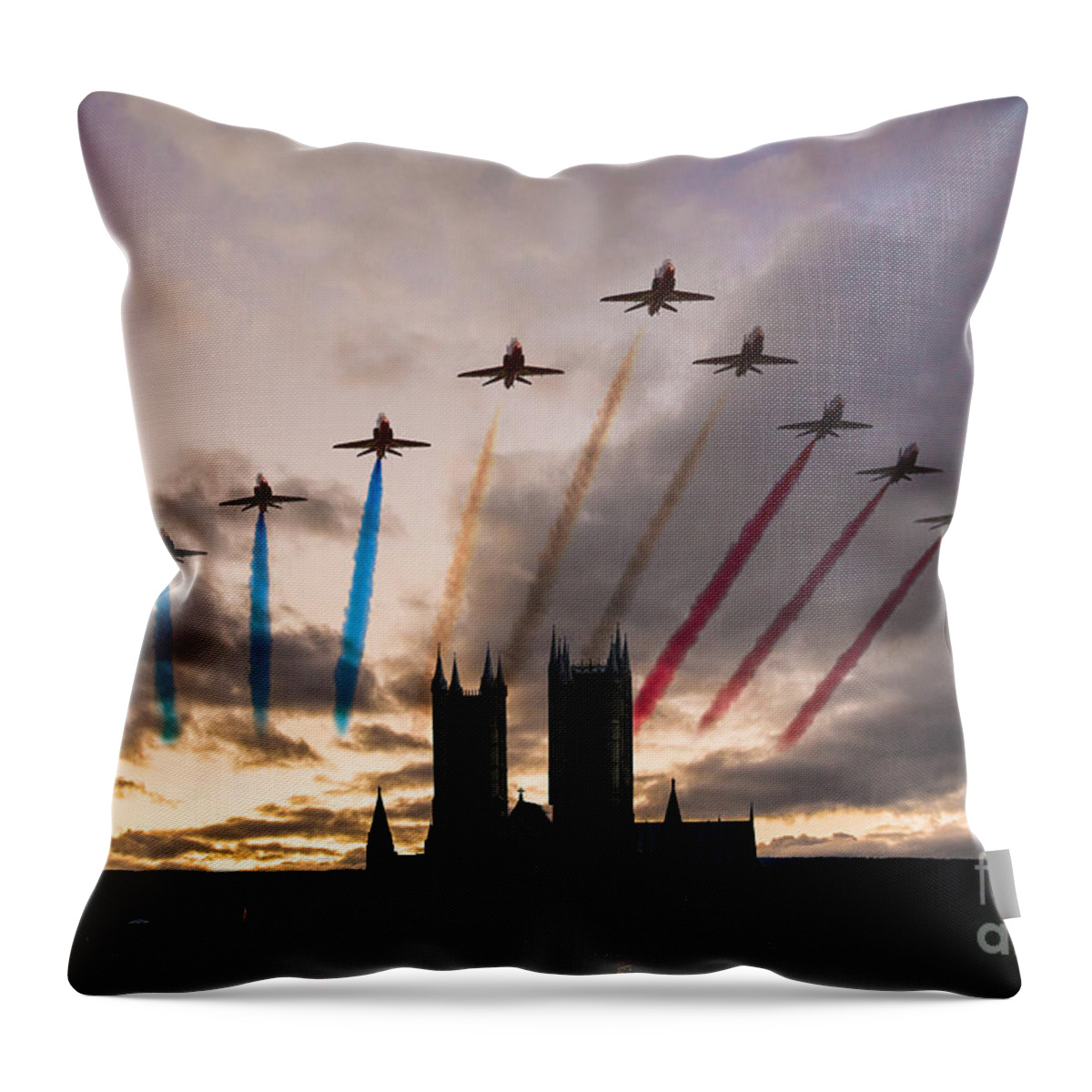 The Red Arrows Raf Throw Pillow featuring the digital art Red Arrows over Lincoln Cathedral by Airpower Art