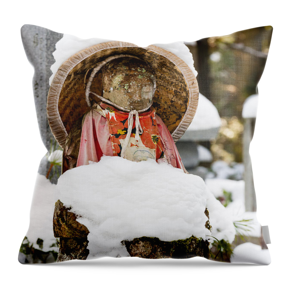 Koyasan Throw Pillow featuring the photograph Red bibbed Jizo statue in the snow at Koyasan by Malcolm Fairman