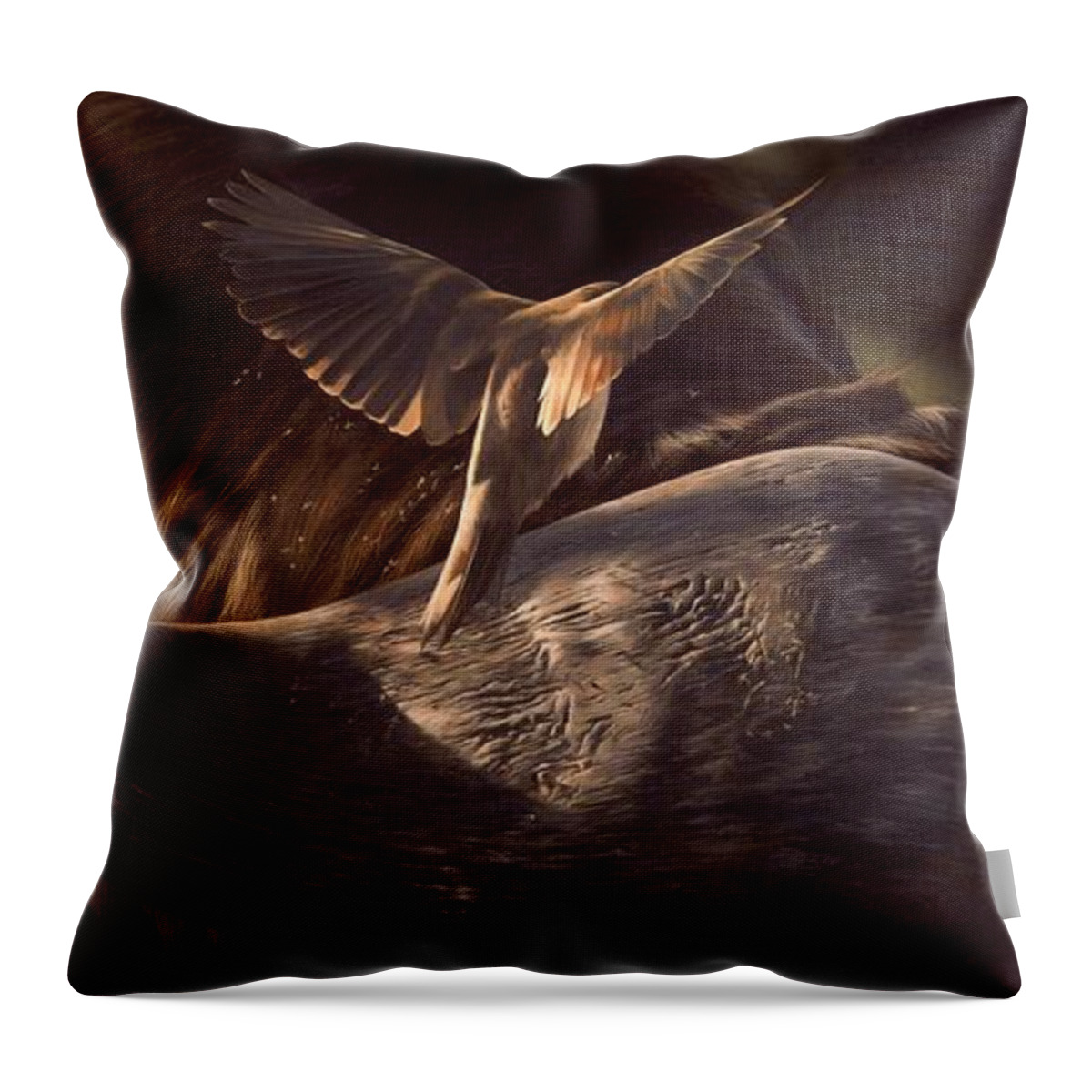 Buffalo Throw Pillow featuring the painting Red-Billed Oxpecker and Cape Buffalo Painting by Rachel Stribbling