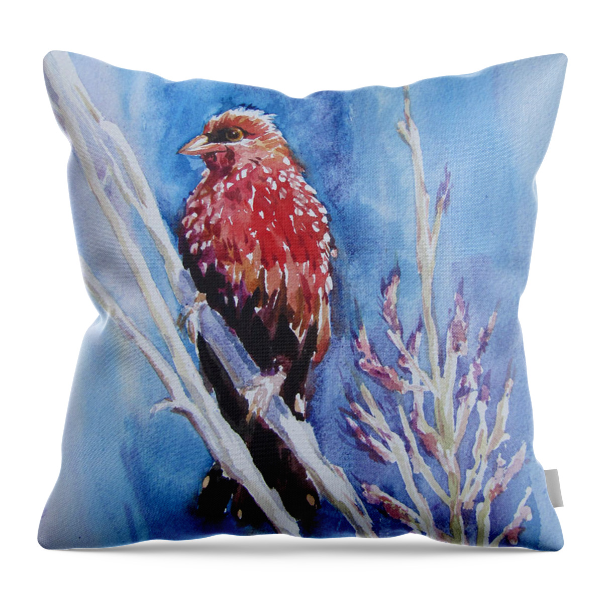 Bird Throw Pillow featuring the painting The Red Bird with pink flowers by Jyotika Shroff