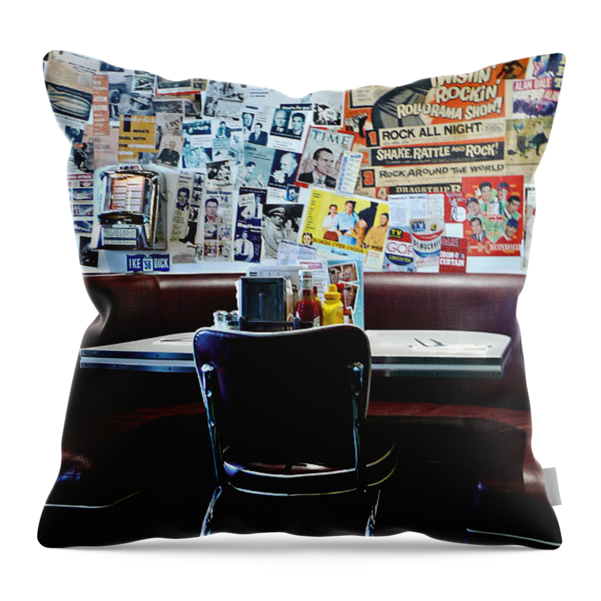 Red Booth Awaits In The Diner Throw Pillow featuring the photograph Red Booth awaits in the Diner by Nina Prommer