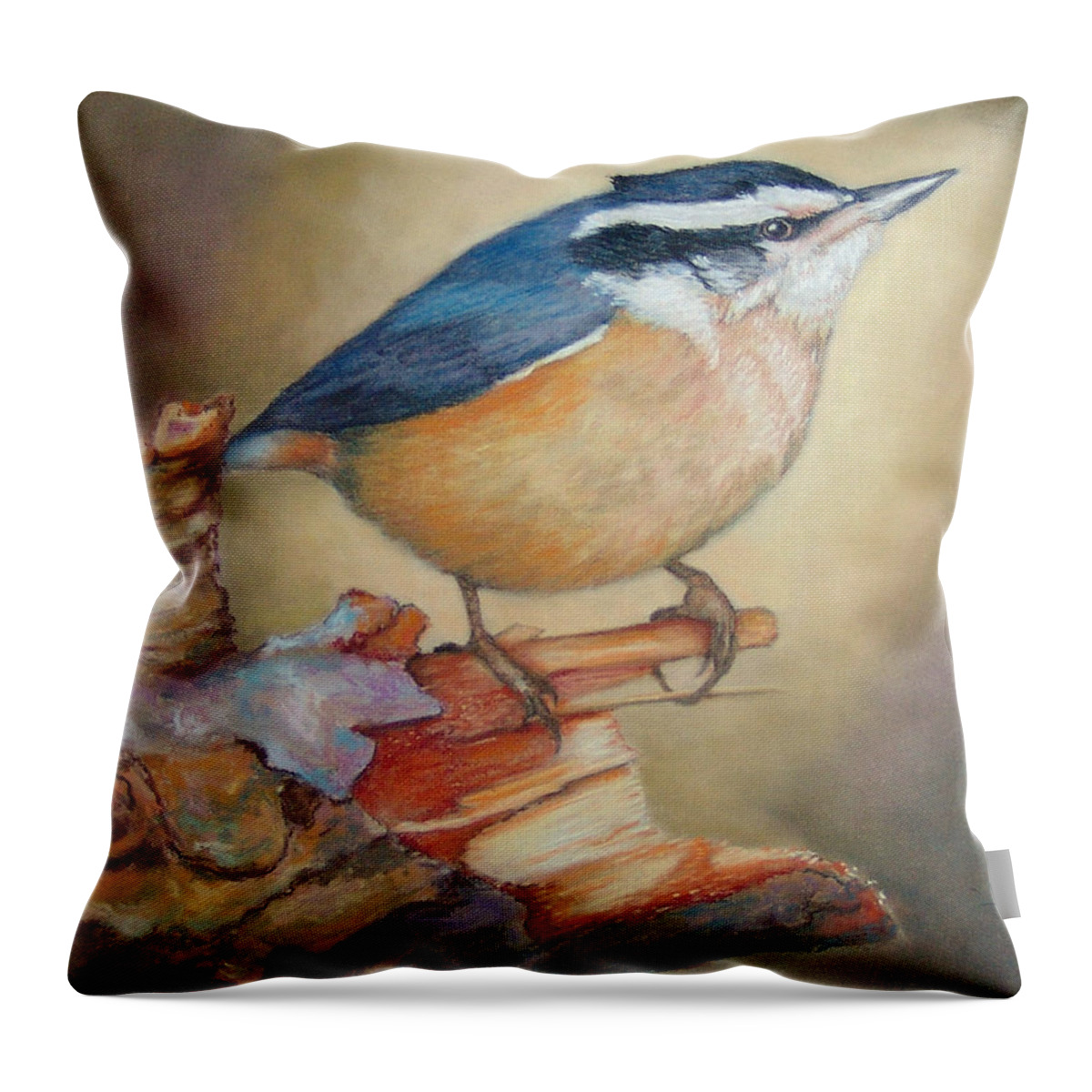 Bird Throw Pillow featuring the painting Red-Breasted Nuthatch Bird by Janet Garcia