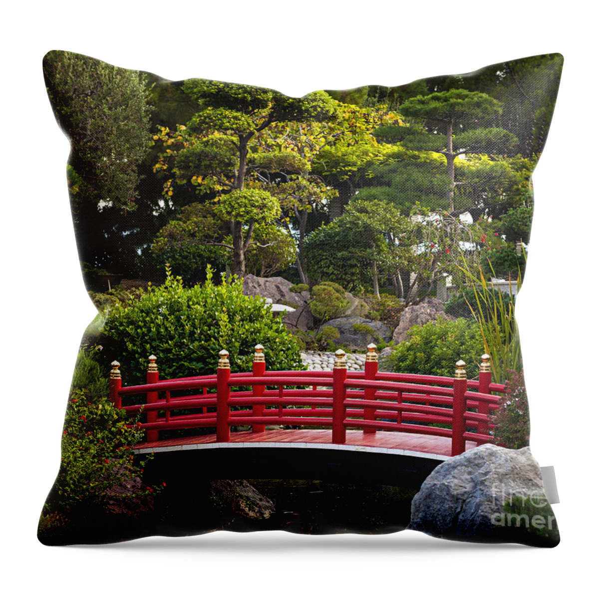 Japanese Throw Pillow featuring the photograph Red bridge in Japanese garden by Elena Elisseeva