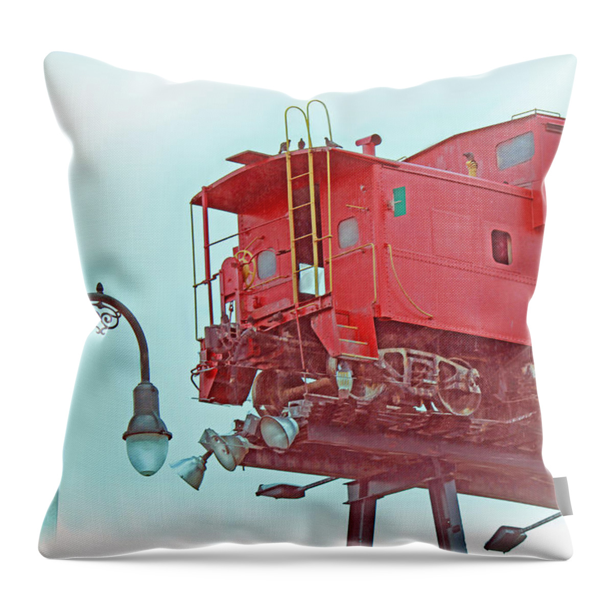 Caboose Throw Pillow featuring the photograph Red Caboose in the Sky2 by Bonnie Willis