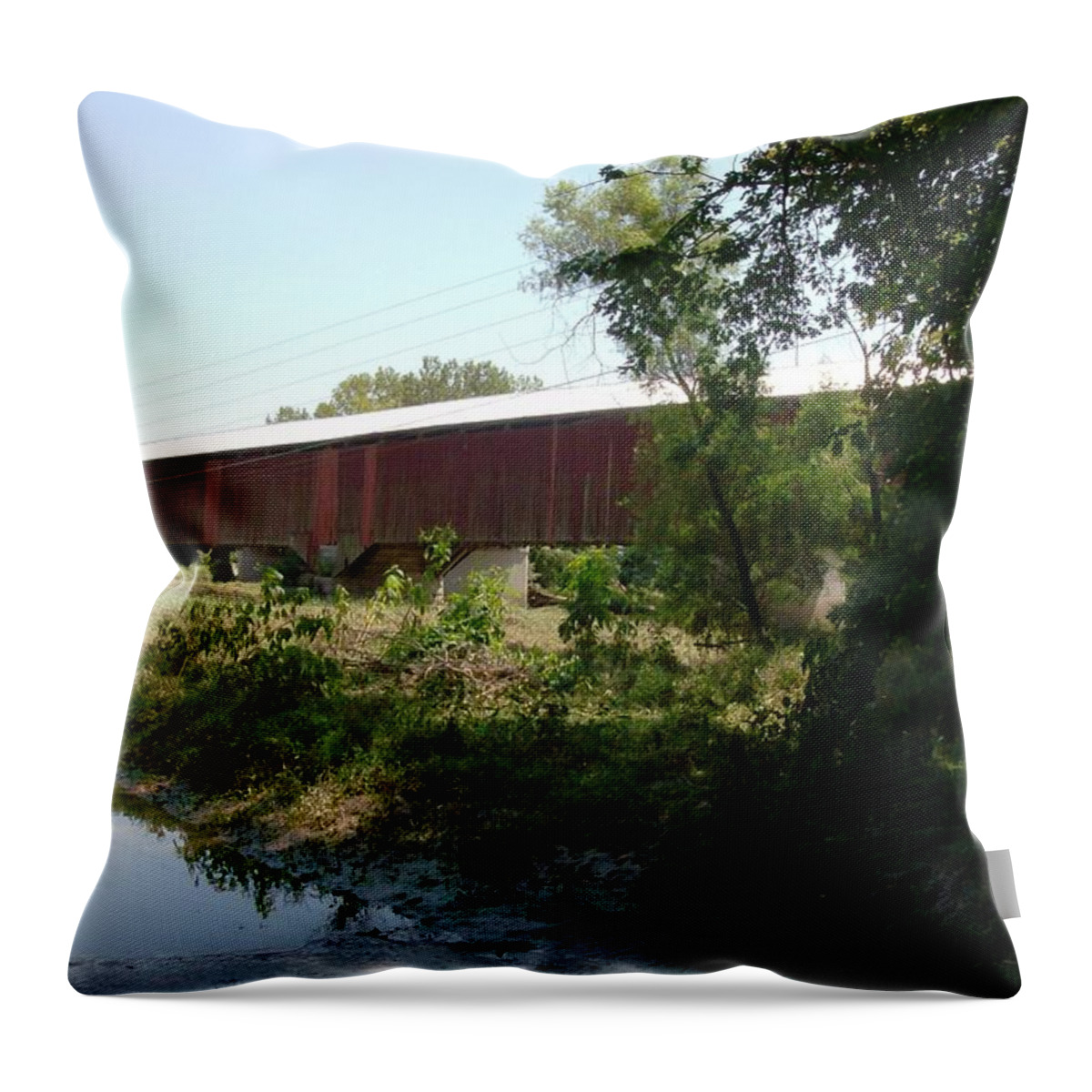 Landscape Throw Pillow featuring the photograph Red Covered Bridge by Fortunate Findings Shirley Dickerson