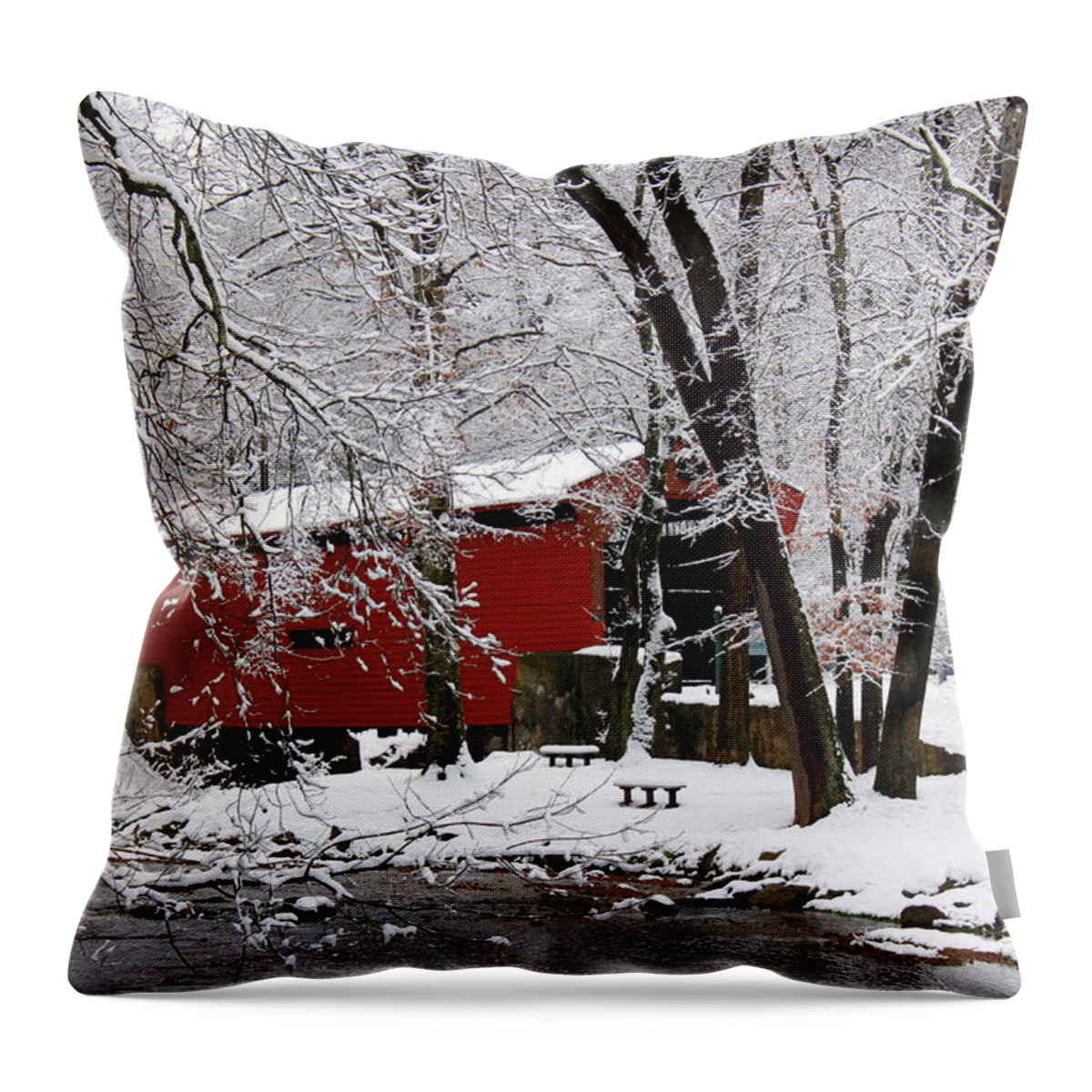 Red Covered Bridge Throw Pillow featuring the photograph Red Covered Bridge Winter 2013 by Deborah Crew-Johnson