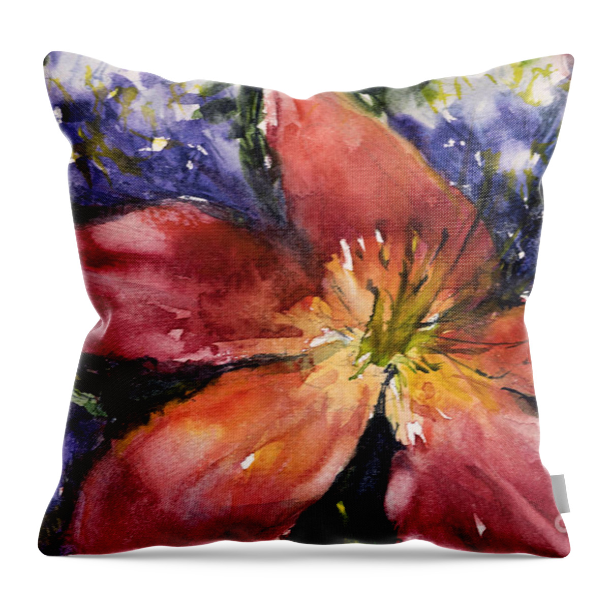 Flower Throw Pillow featuring the painting Red Daylily by Judith Levins