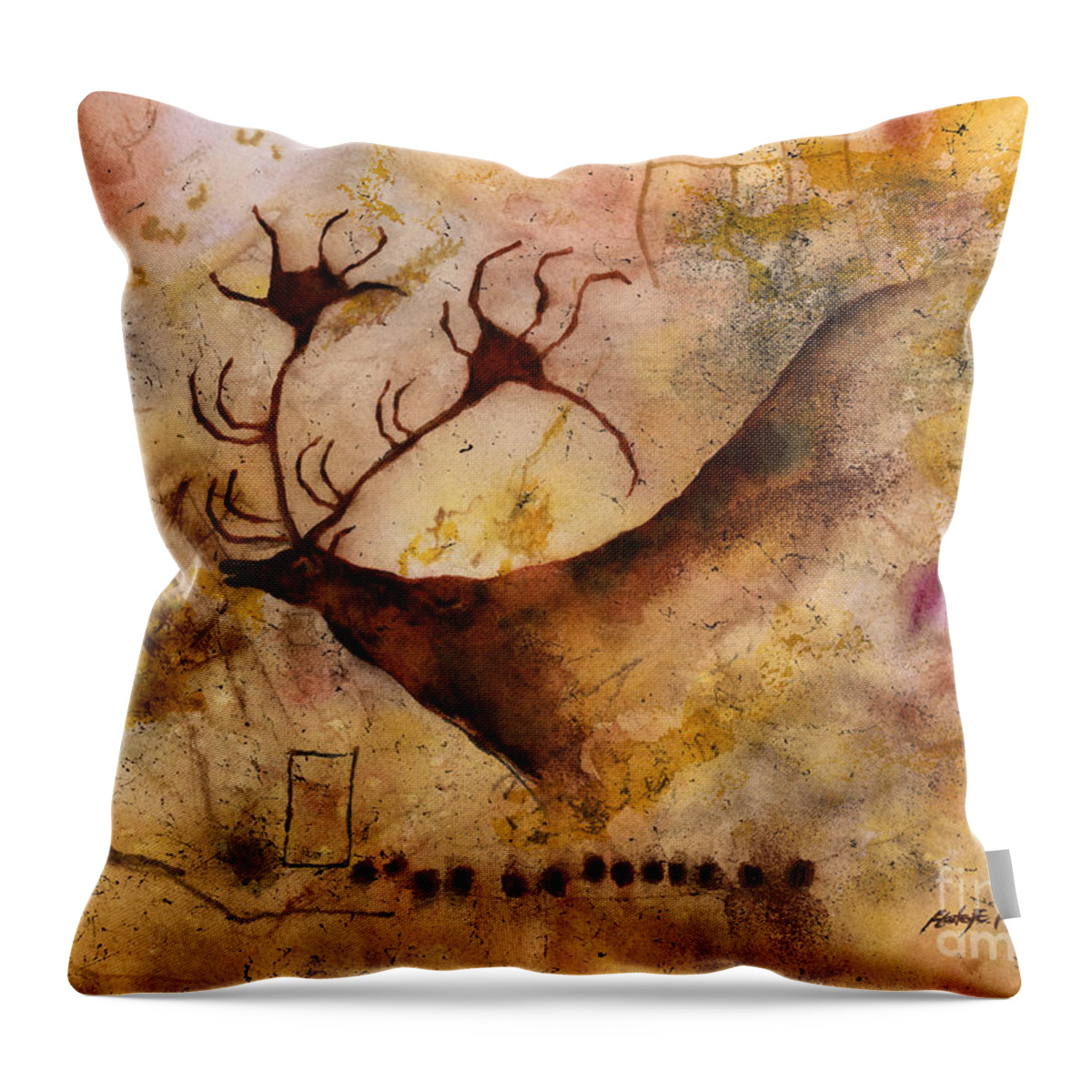 Cave Throw Pillow featuring the painting Red Deer by Hailey E Herrera