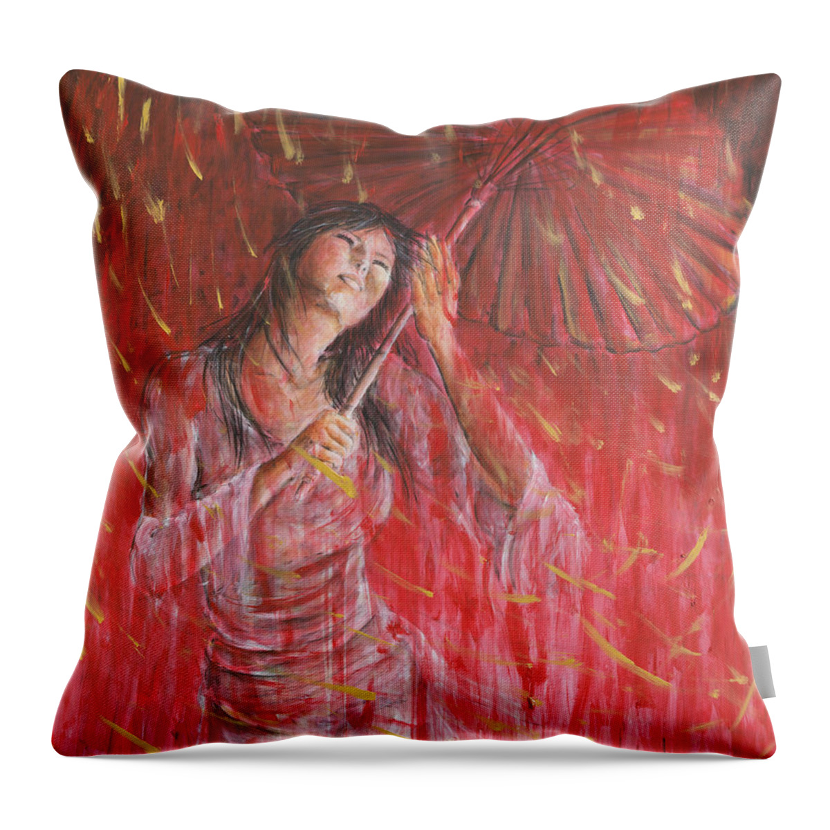 Red Throw Pillow featuring the painting Red Geisha Rain Storm by Nik Helbig