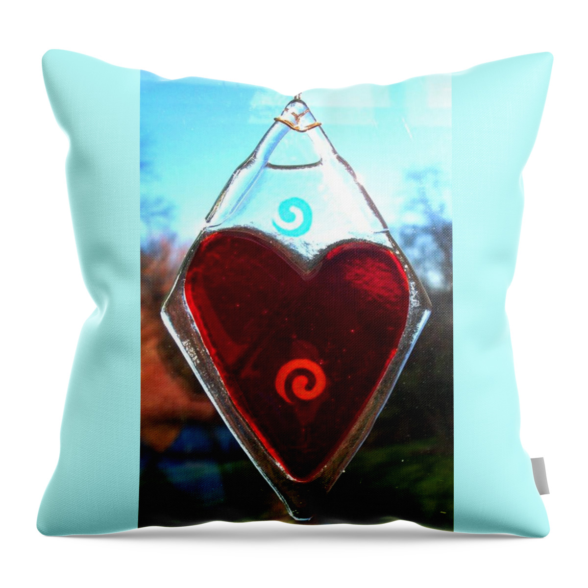 Fused Glass Throw Pillow featuring the glass art Red Heart with Spiral by Marian Berg