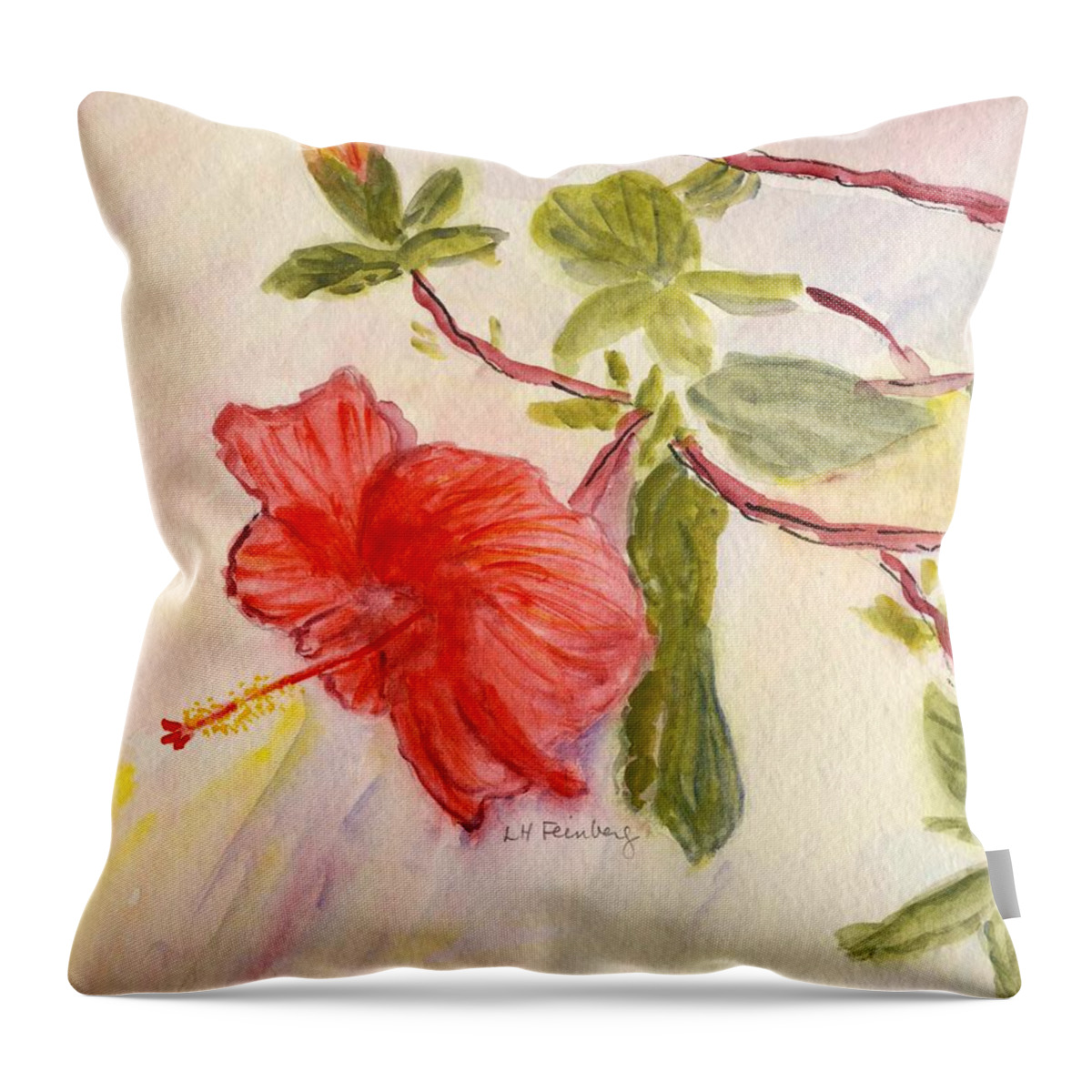 Flowers Throw Pillow featuring the painting Red Hibiscus by Linda Feinberg