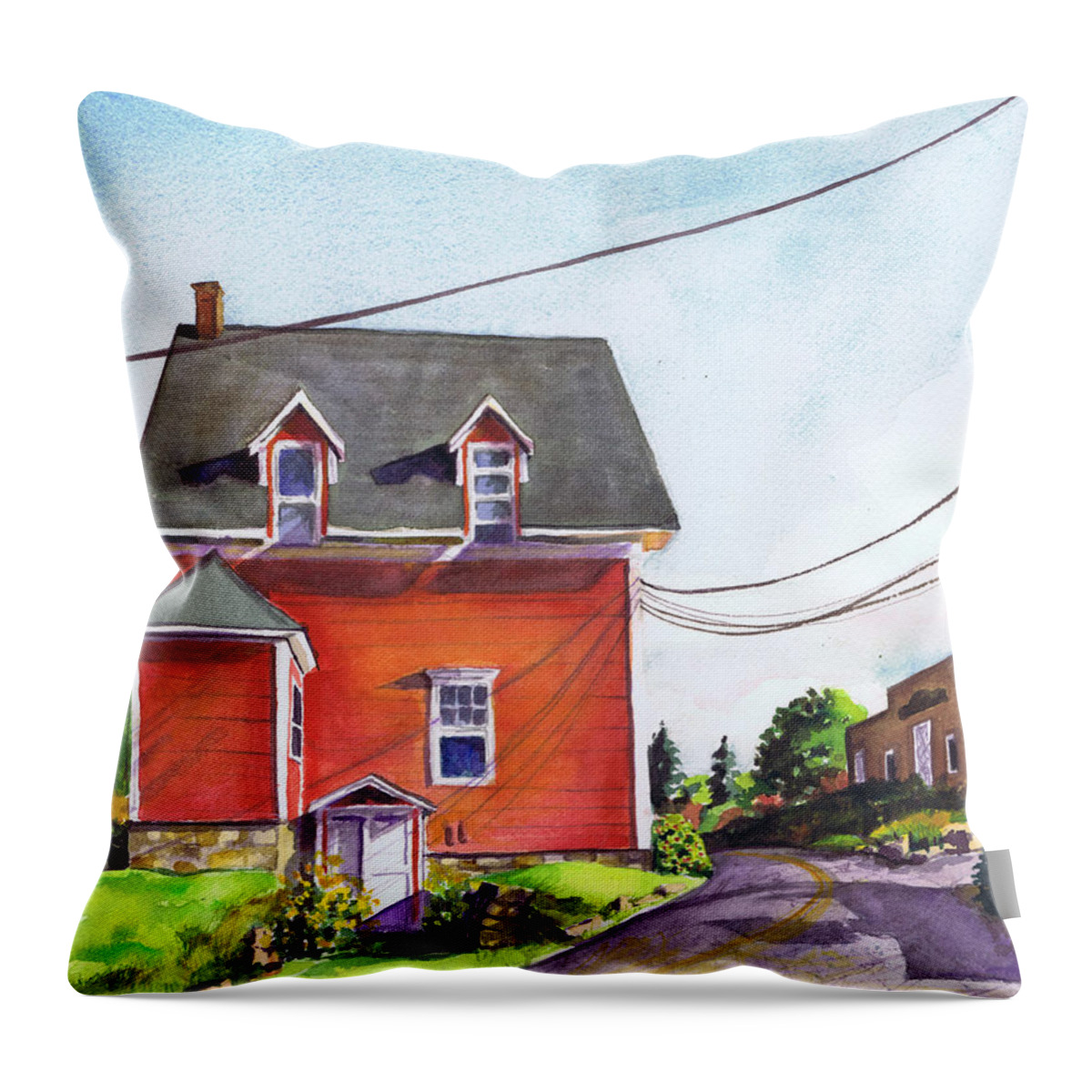 House Throw Pillow featuring the painting Red House Bass Harbor by Susan Herbst