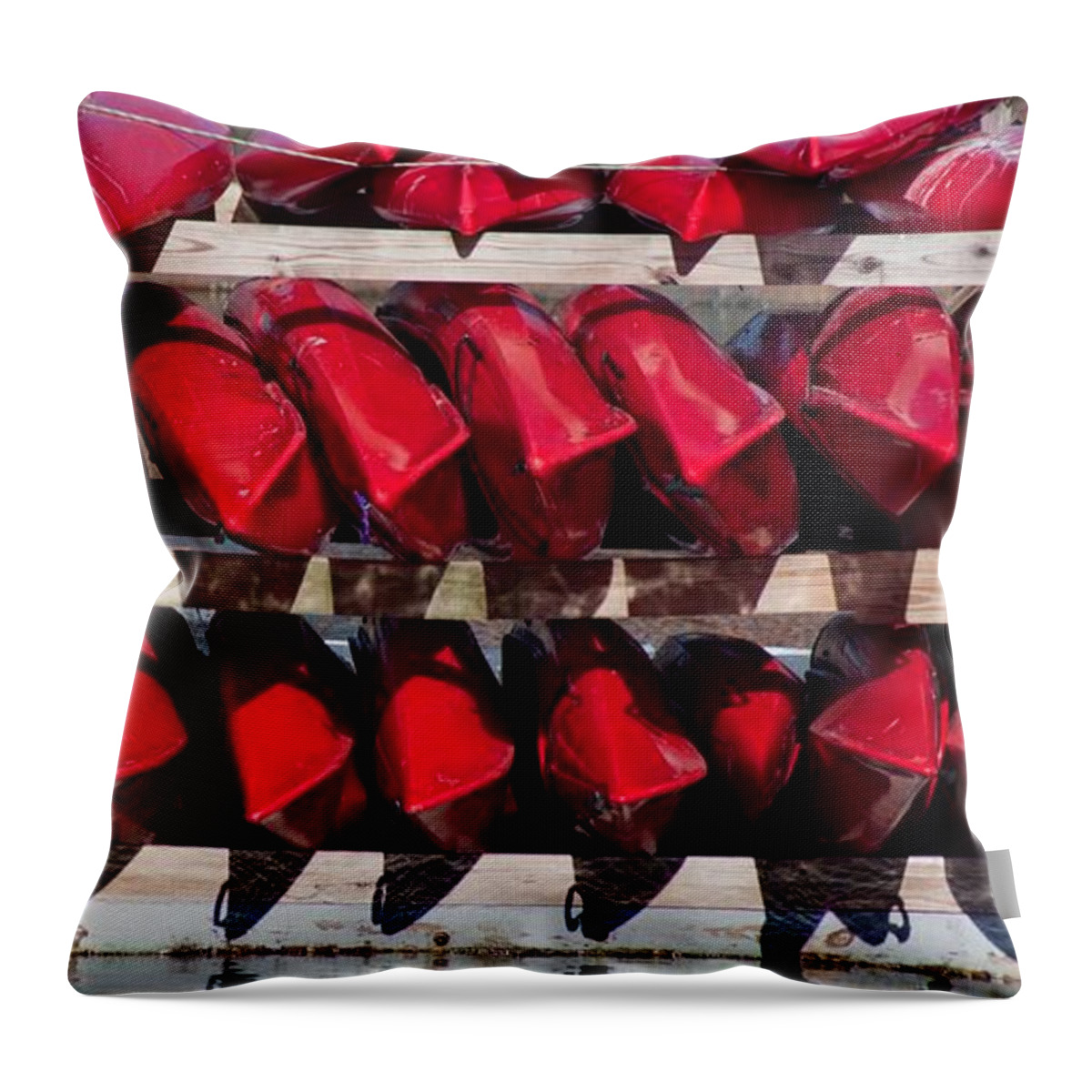 Color Throw Pillow featuring the photograph Red Kayaks by Thomas Marchessault
