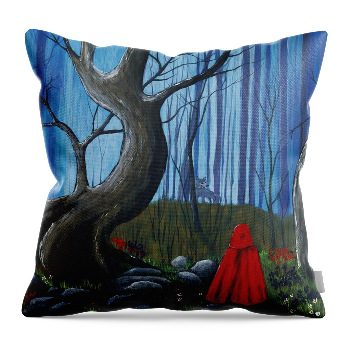Red Throw Pillow featuring the painting Red Riding Hood in the Forest by Anastasiya Malakhova