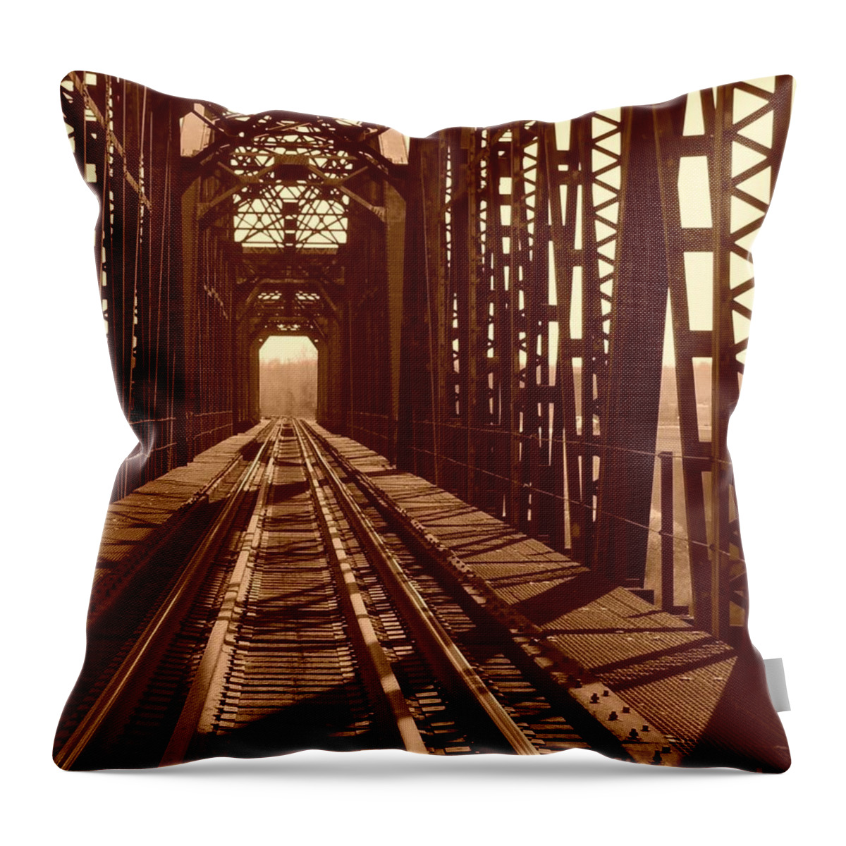 Bridge Throw Pillow featuring the photograph Red River Train Bridge #2 by Robert ONeil